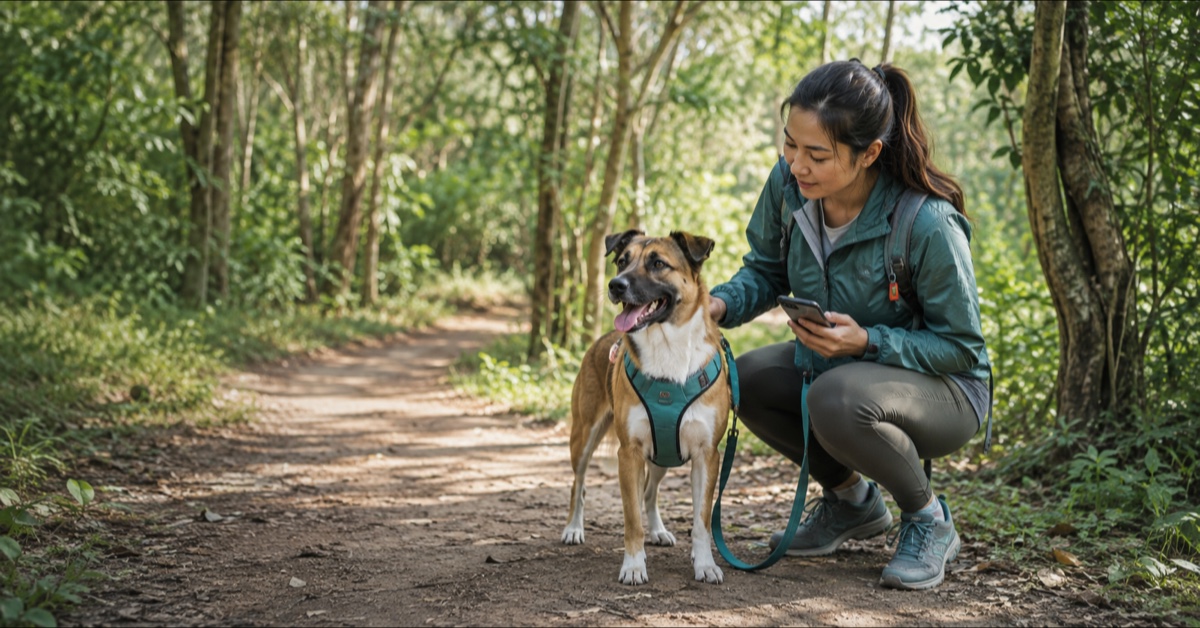 A pet parent and dog taking a safe break on a forest trail
